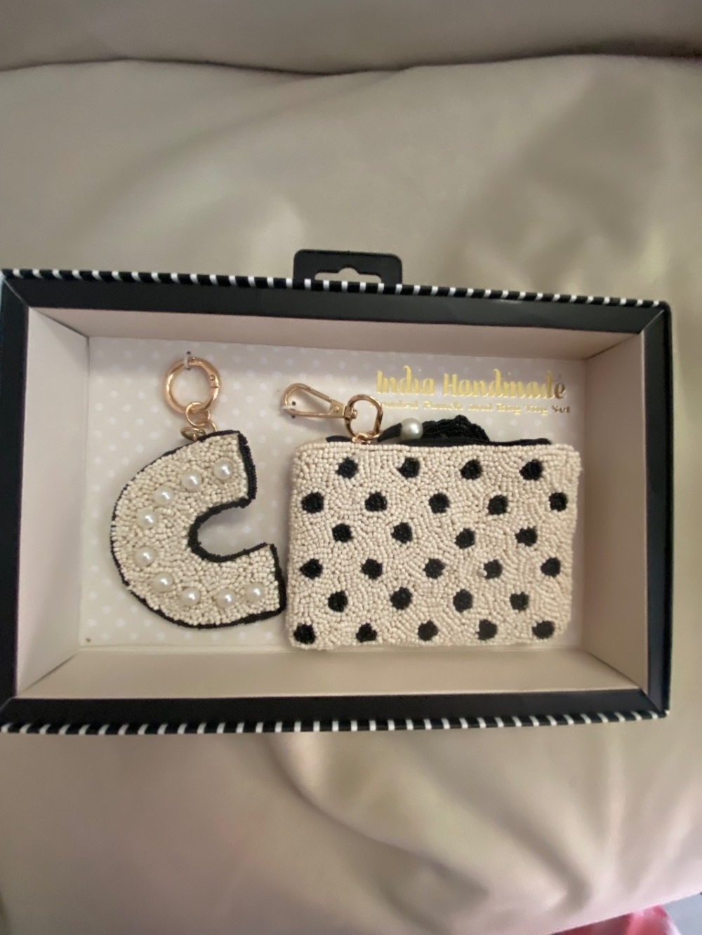 NIB India Handmade Beaded Pouch and Bag Tag Set Polka Dot "C"